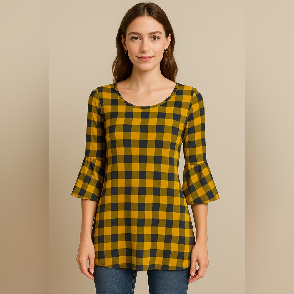 BomBom Yellow and Navy Checkered Bell 3/4 Sleeve Top